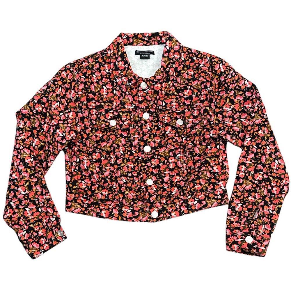 Social Standard by Sanctuary Floral Denim Cropped Jacket Girls Size XL 14-16